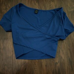 SHEIN Blue Cropped Wrap Blouse Short Sleeve